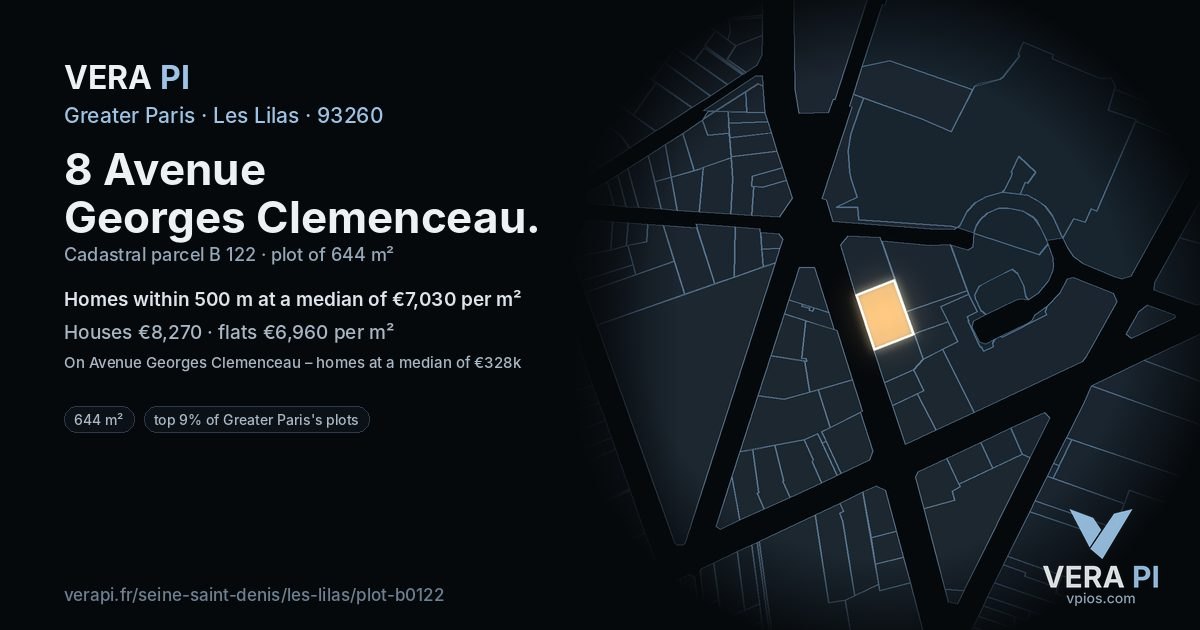 8 Avenue Georges Clemenceau, Les Lilas at night – the plot lit, the parcels around coloured by the prices near them