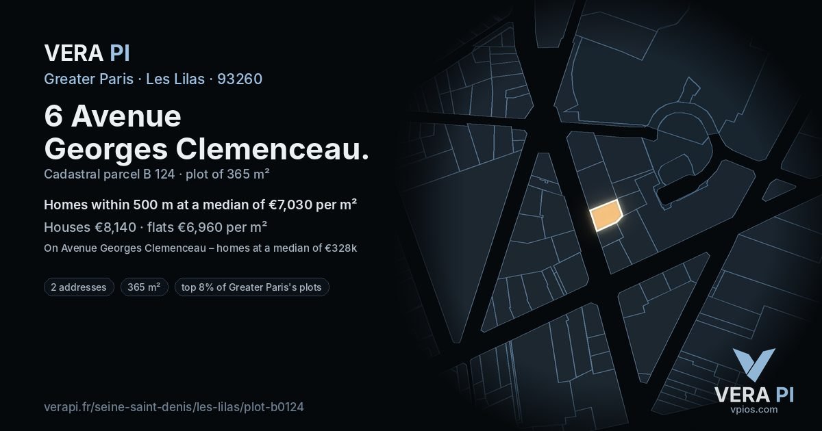 6 Avenue Georges Clemenceau, Les Lilas at night – the plot lit, the parcels around coloured by the prices near them