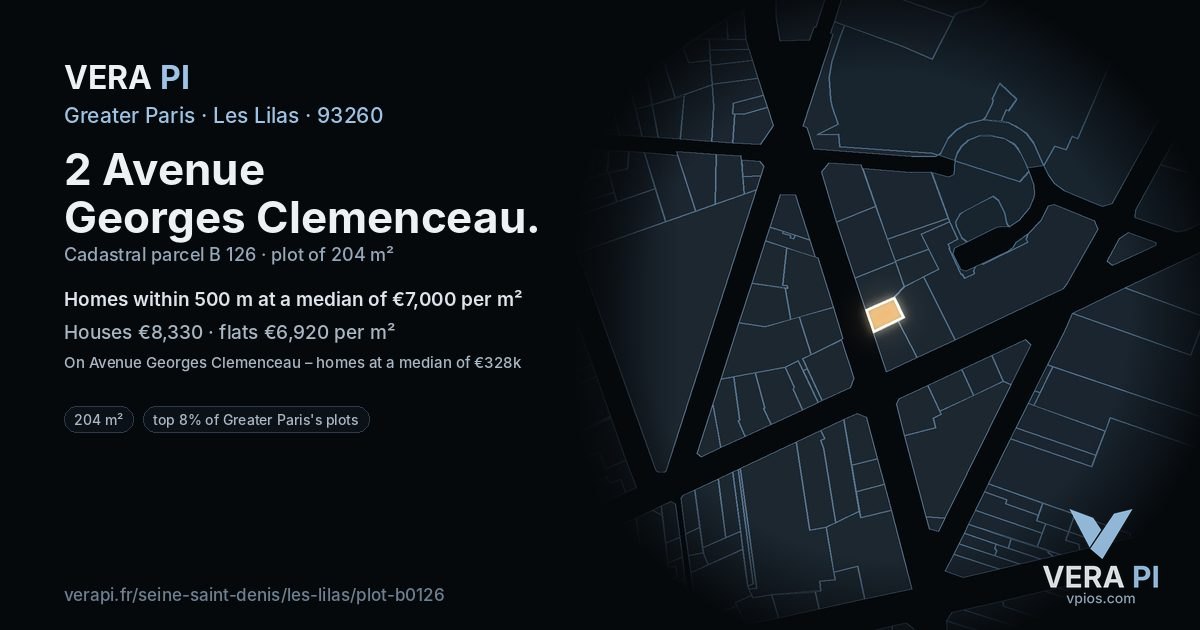 2 Avenue Georges Clemenceau, Les Lilas at night – the plot lit, the parcels around coloured by the prices near them