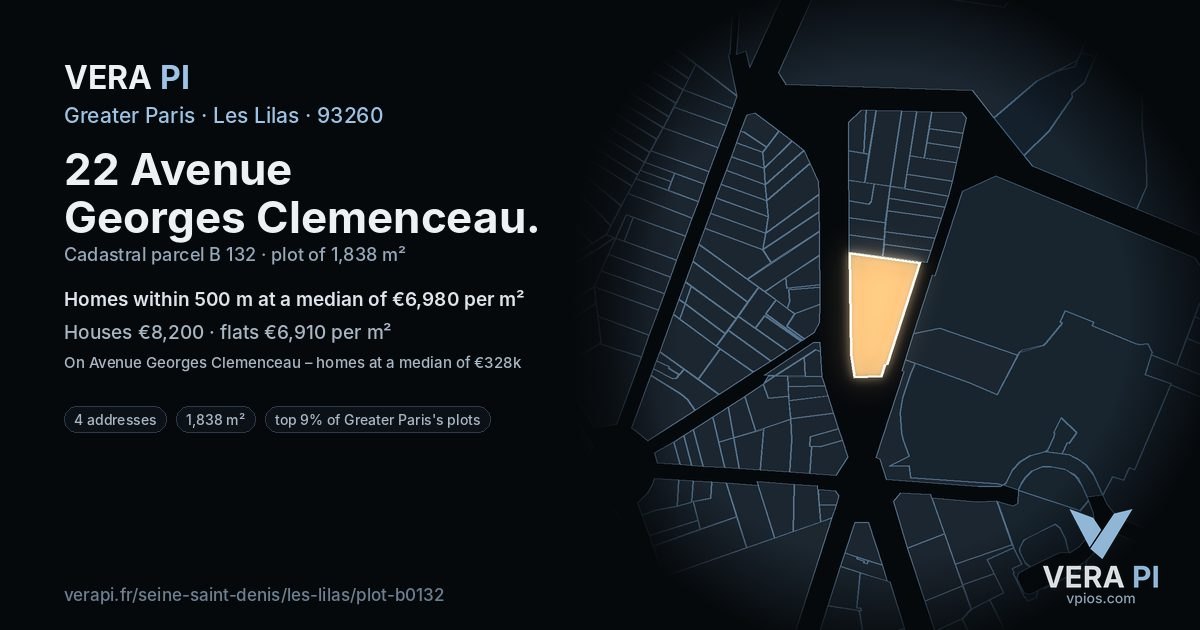 22 Avenue Georges Clemenceau, Les Lilas at night – the plot lit, the parcels around coloured by the prices near them