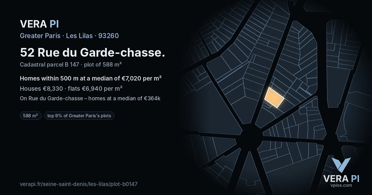 52 Rue du Garde-chasse, Les Lilas at night – the plot lit, the parcels around coloured by the prices near them