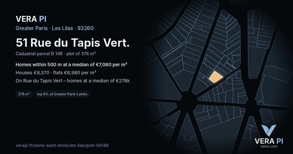 51 Rue du Tapis Vert, Les Lilas at night – the plot lit, the parcels around coloured by the prices near them
