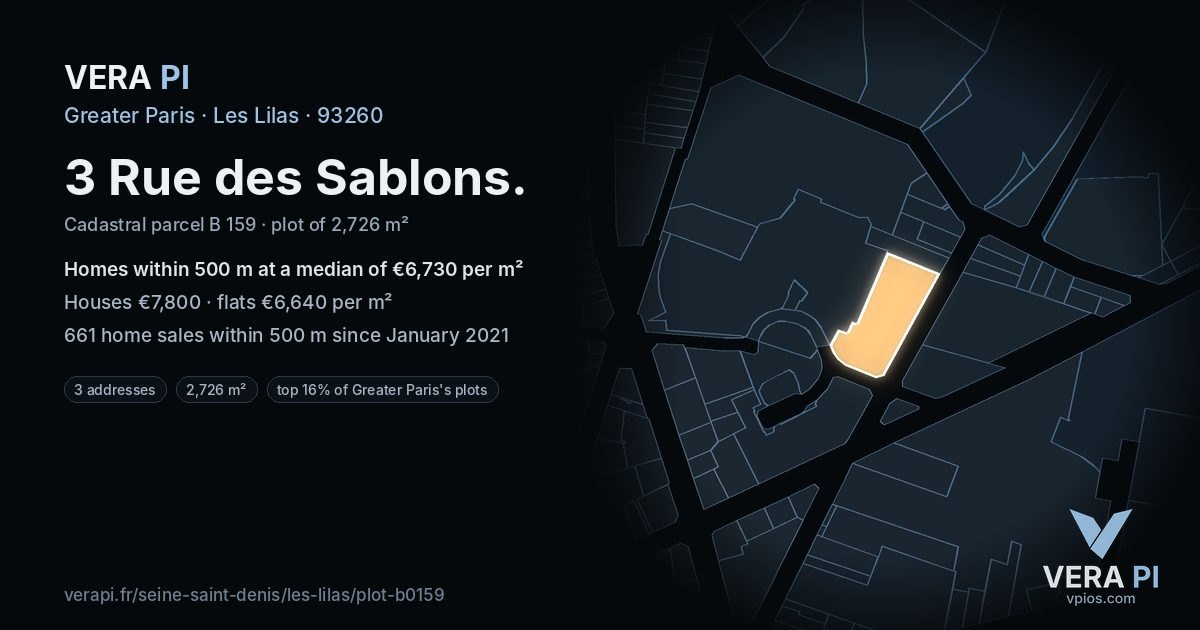 3 Rue des Sablons, Les Lilas at night – the plot lit, the parcels around coloured by the prices near them