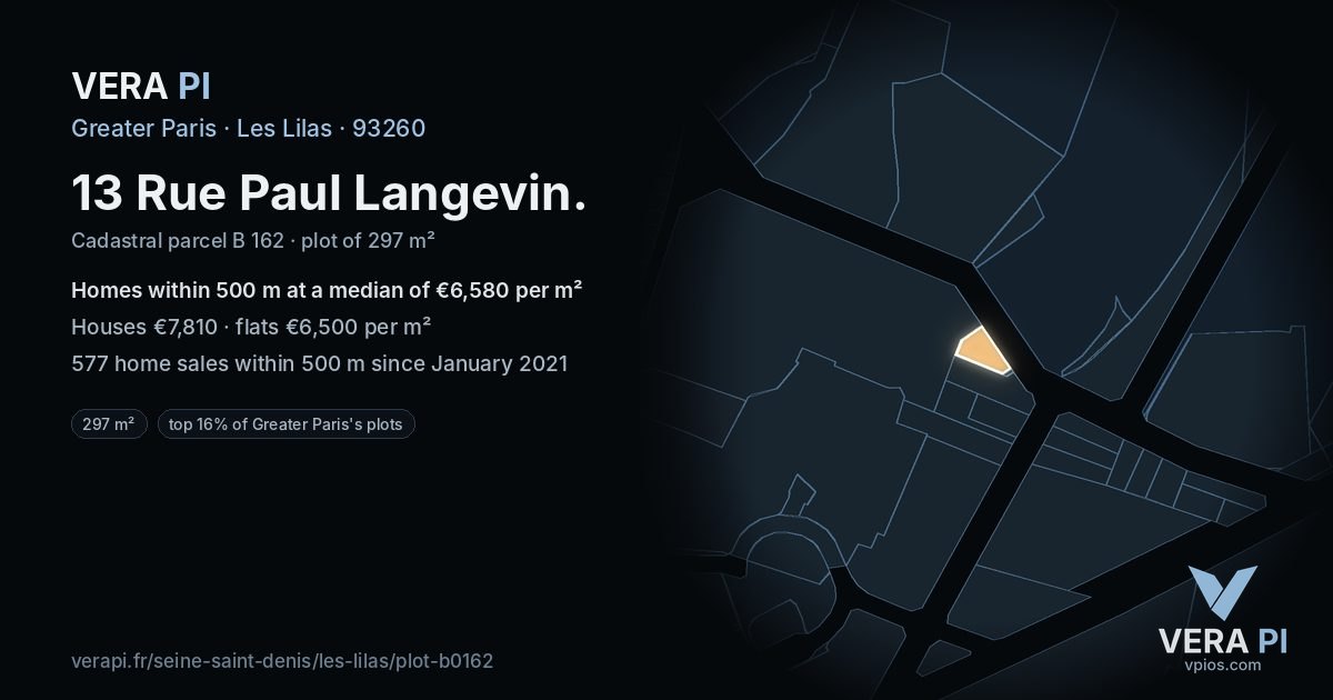 13 Rue Paul Langevin, Les Lilas at night – the plot lit, the parcels around coloured by the prices near them