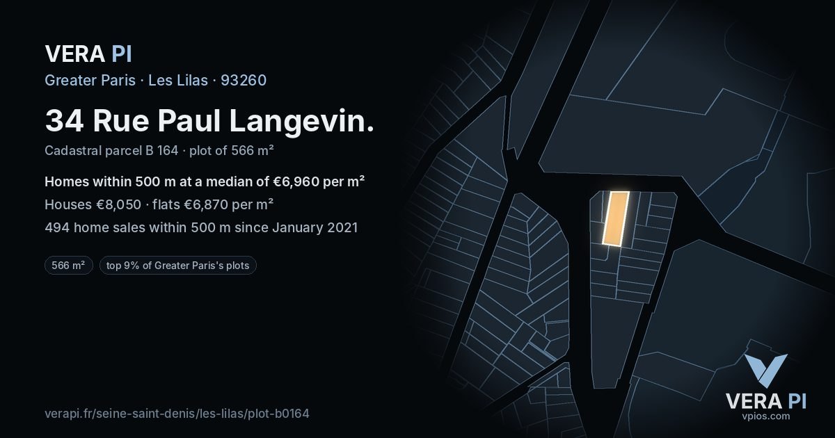 34 Rue Paul Langevin, Les Lilas at night – the plot lit, the parcels around coloured by the prices near them