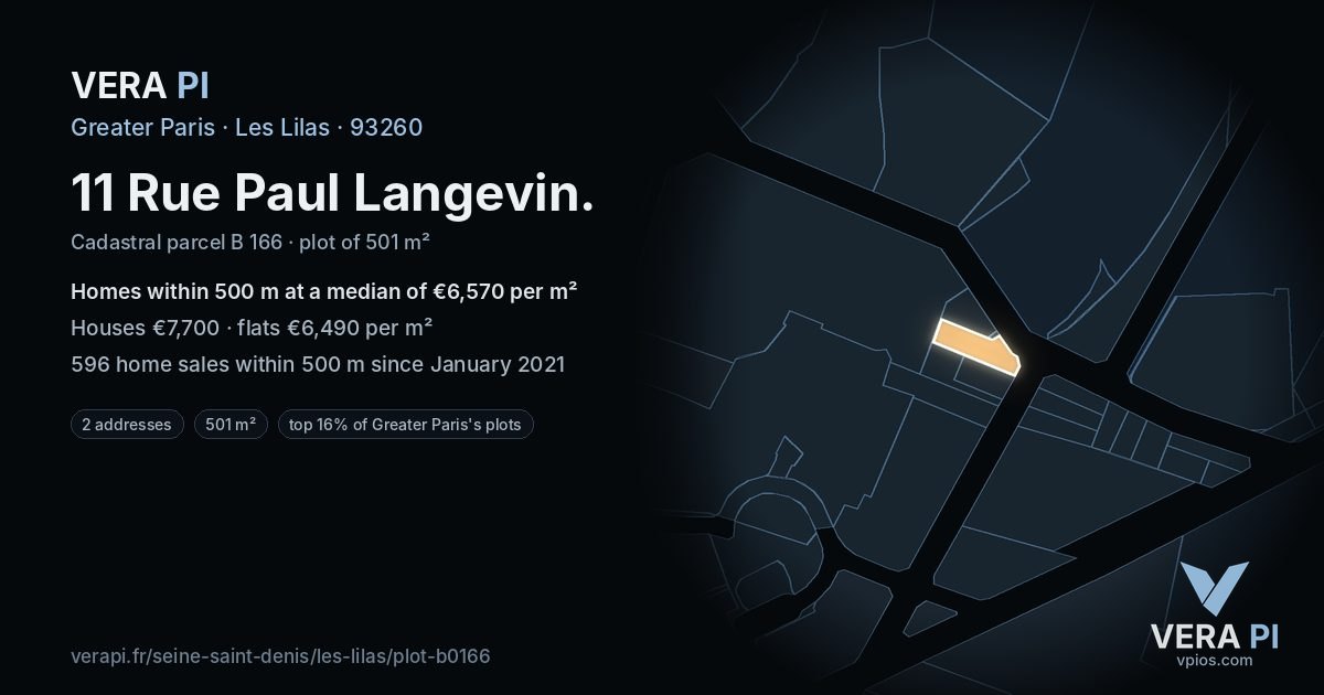 11 Rue Paul Langevin, Les Lilas at night – the plot lit, the parcels around coloured by the prices near them