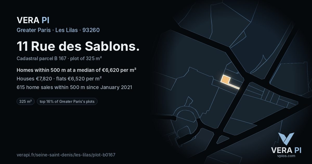 11 Rue des Sablons, Les Lilas at night – the plot lit, the parcels around coloured by the prices near them