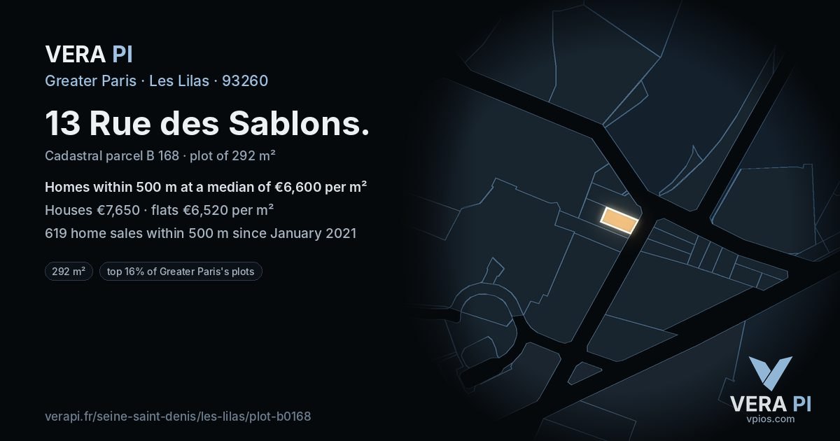 13 Rue des Sablons, Les Lilas at night – the plot lit, the parcels around coloured by the prices near them