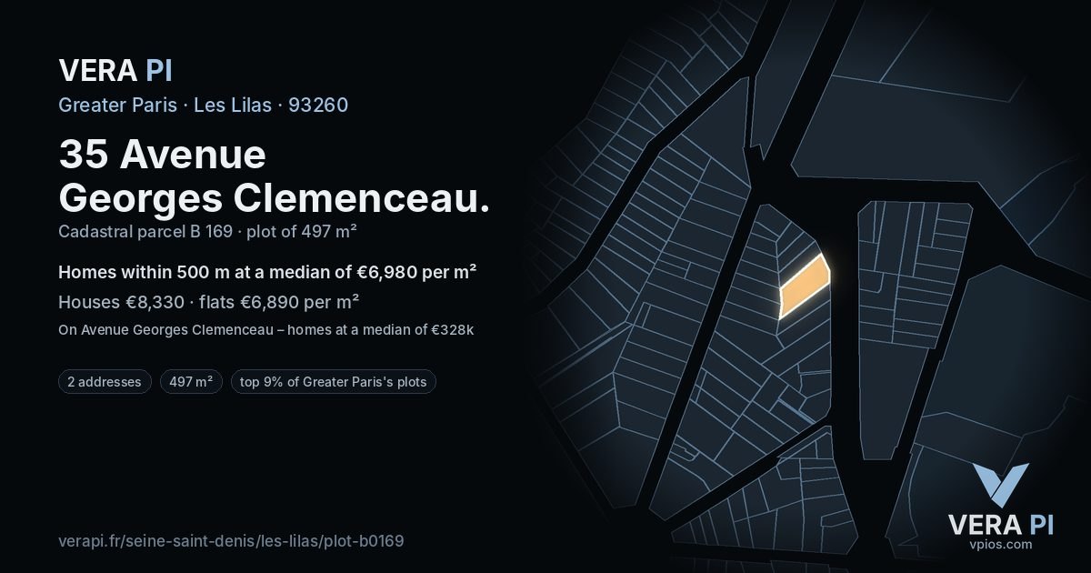 35 Avenue Georges Clemenceau, Les Lilas at night – the plot lit, the parcels around coloured by the prices near them
