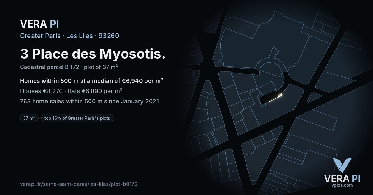 3 Place des Myosotis, Les Lilas at night – the plot lit, the parcels around coloured by the prices near them