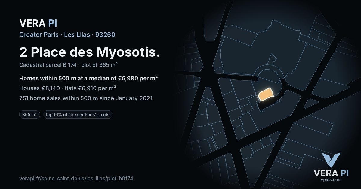 2 Place des Myosotis, Les Lilas at night – the plot lit, the parcels around coloured by the prices near them