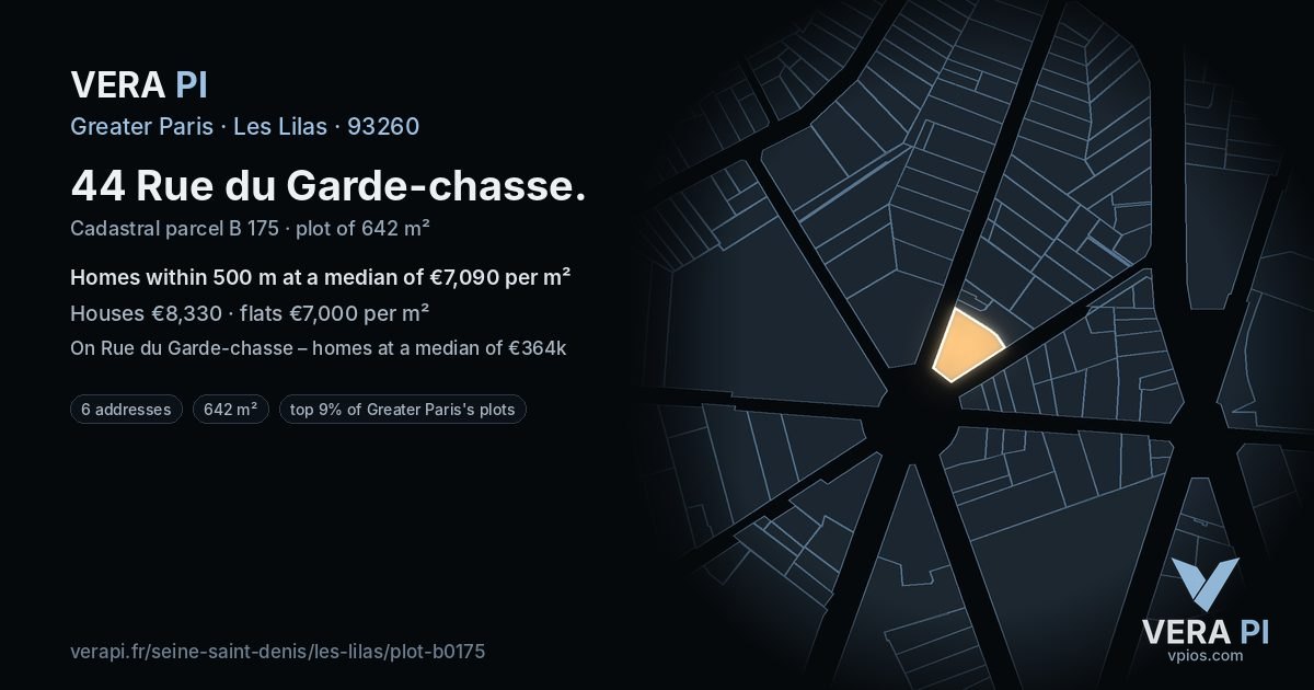 44 Rue du Garde-chasse, Les Lilas at night – the plot lit, the parcels around coloured by the prices near them