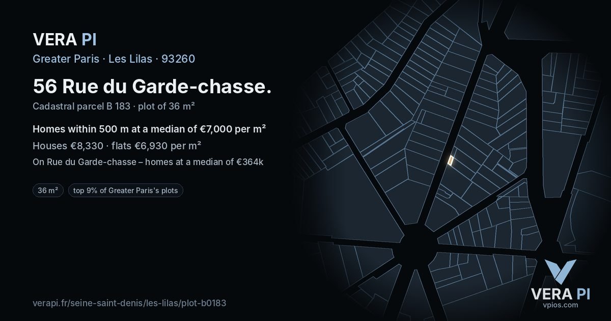 56 Rue du Garde-chasse, Les Lilas at night – the plot lit, the parcels around coloured by the prices near them