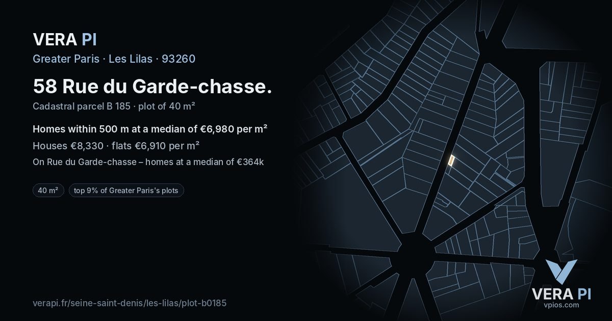 58 Rue du Garde-chasse, Les Lilas at night – the plot lit, the parcels around coloured by the prices near them
