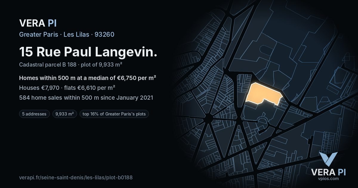 15 Rue Paul Langevin, Les Lilas at night – the plot lit, the parcels around coloured by the prices near them