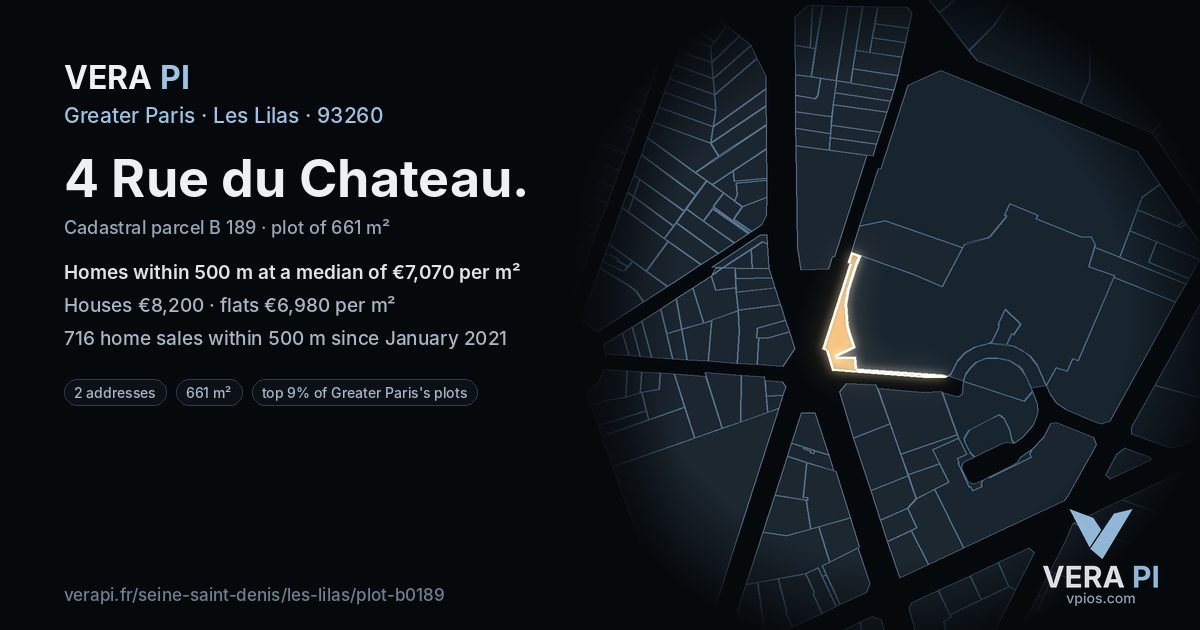 4 Rue du Chateau, Les Lilas at night – the plot lit, the parcels around coloured by the prices near them