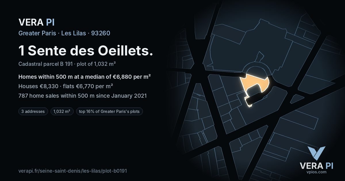1 Sente des Oeillets, Les Lilas at night – the plot lit, the parcels around coloured by the prices near them