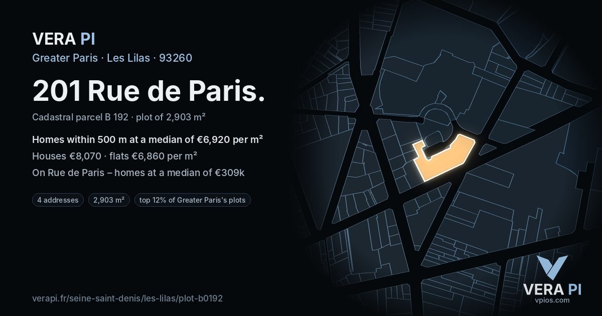 201 Rue de Paris, Les Lilas at night – the plot lit, the parcels around coloured by the prices near them