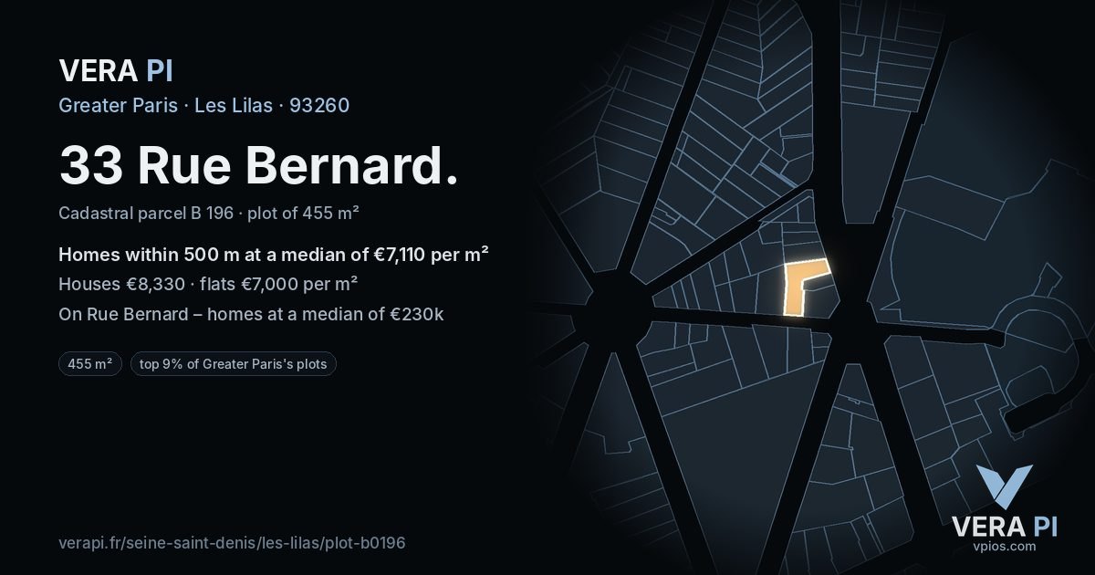 33 Rue Bernard, Les Lilas at night – the plot lit, the parcels around coloured by the prices near them