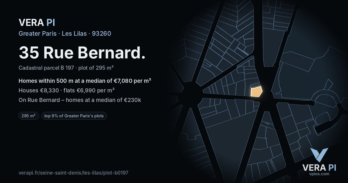 35 Rue Bernard, Les Lilas at night – the plot lit, the parcels around coloured by the prices near them