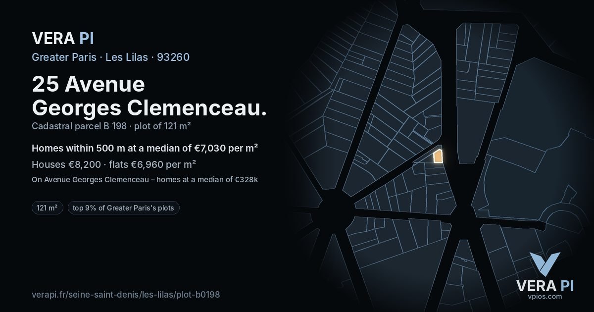 25 Avenue Georges Clemenceau, Les Lilas at night – the plot lit, the parcels around coloured by the prices near them