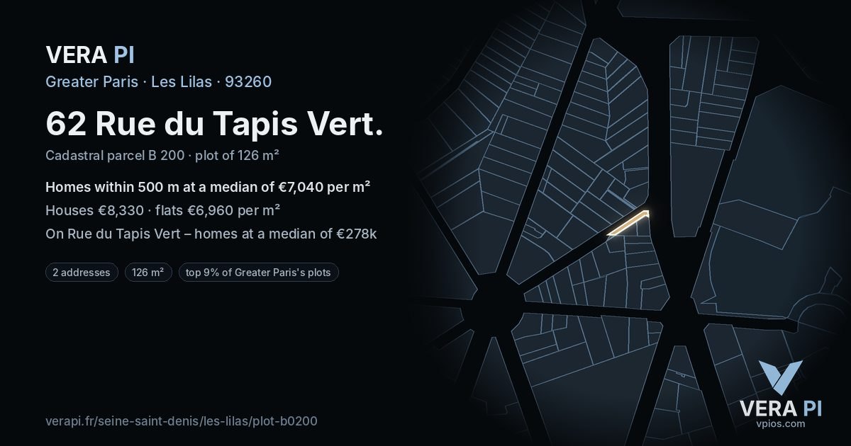 62 Rue du Tapis Vert, Les Lilas at night – the plot lit, the parcels around coloured by the prices near them