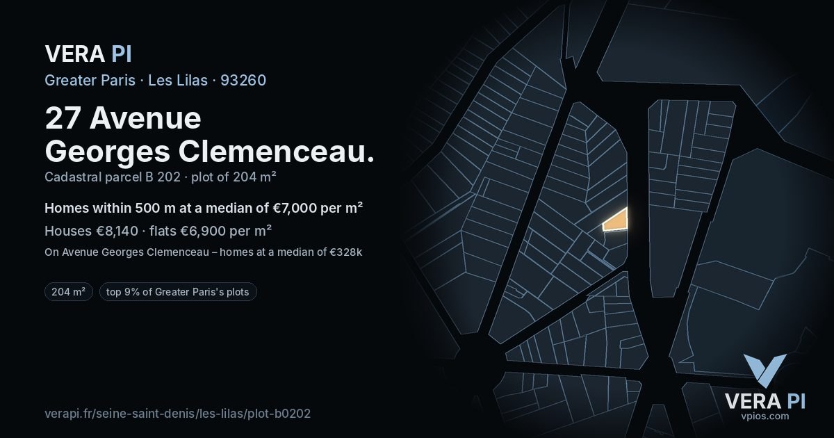 27 Avenue Georges Clemenceau, Les Lilas at night – the plot lit, the parcels around coloured by the prices near them