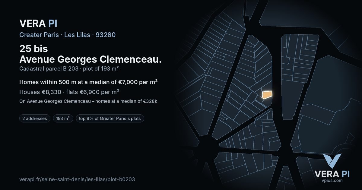 25 bis Avenue Georges Clemenceau, Les Lilas at night – the plot lit, the parcels around coloured by the prices near them
