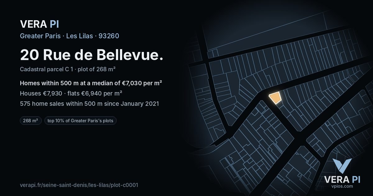 20 Rue de Bellevue, Les Lilas at night – the plot lit, the parcels around coloured by the prices near them
