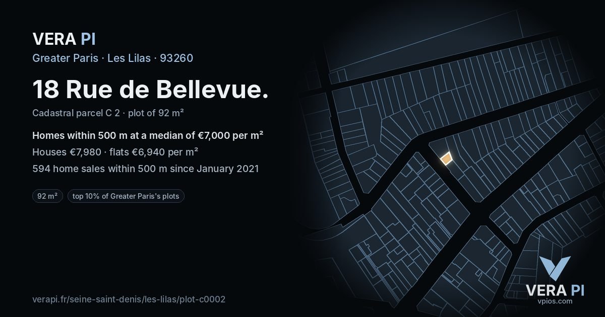 18 Rue de Bellevue, Les Lilas at night – the plot lit, the parcels around coloured by the prices near them