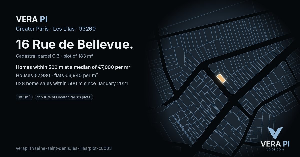 16 Rue de Bellevue, Les Lilas at night – the plot lit, the parcels around coloured by the prices near them