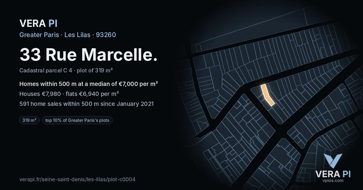 33 Rue Marcelle, Les Lilas at night – the plot lit, the parcels around coloured by the prices near them