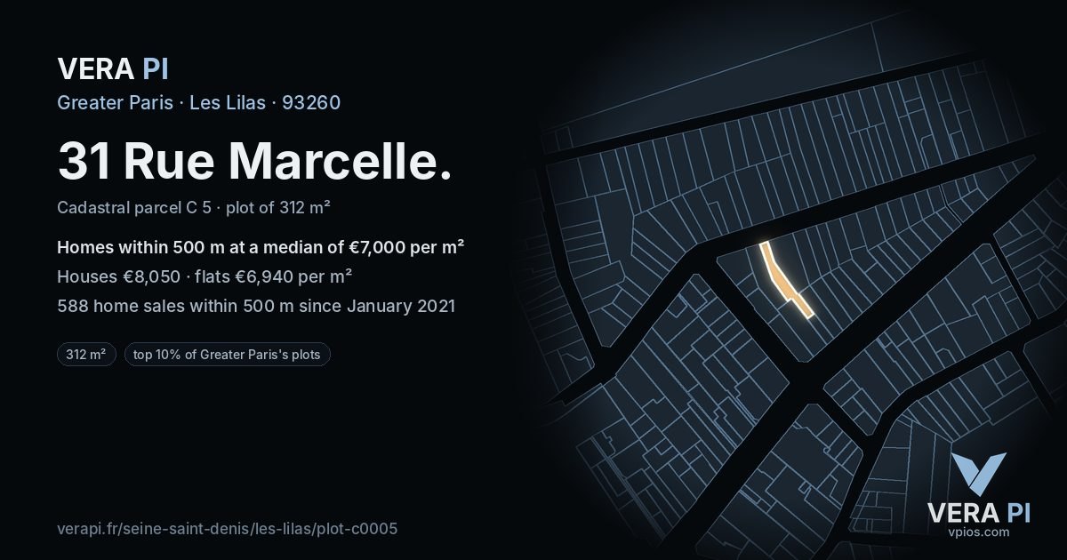 31 Rue Marcelle, Les Lilas at night – the plot lit, the parcels around coloured by the prices near them