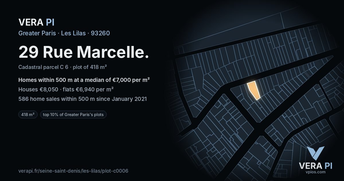 29 Rue Marcelle, Les Lilas at night – the plot lit, the parcels around coloured by the prices near them