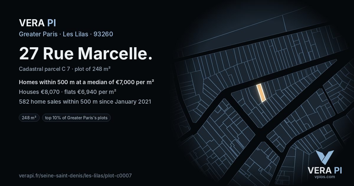 27 Rue Marcelle, Les Lilas at night – the plot lit, the parcels around coloured by the prices near them
