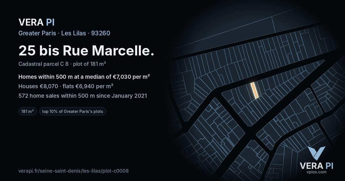 25 bis Rue Marcelle, Les Lilas at night – the plot lit, the parcels around coloured by the prices near them