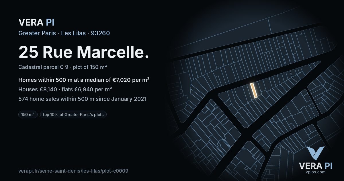 25 Rue Marcelle, Les Lilas at night – the plot lit, the parcels around coloured by the prices near them
