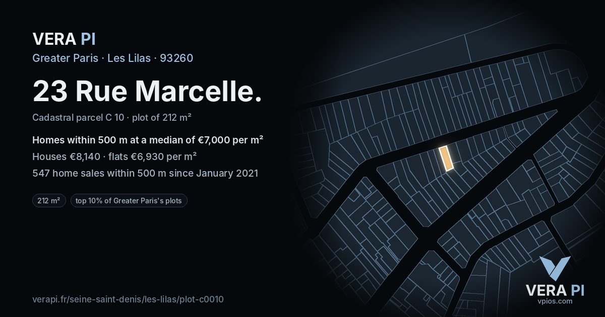 23 Rue Marcelle, Les Lilas at night – the plot lit, the parcels around coloured by the prices near them