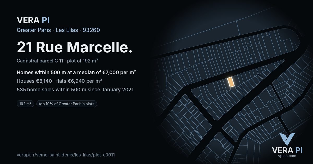 21 Rue Marcelle, Les Lilas at night – the plot lit, the parcels around coloured by the prices near them