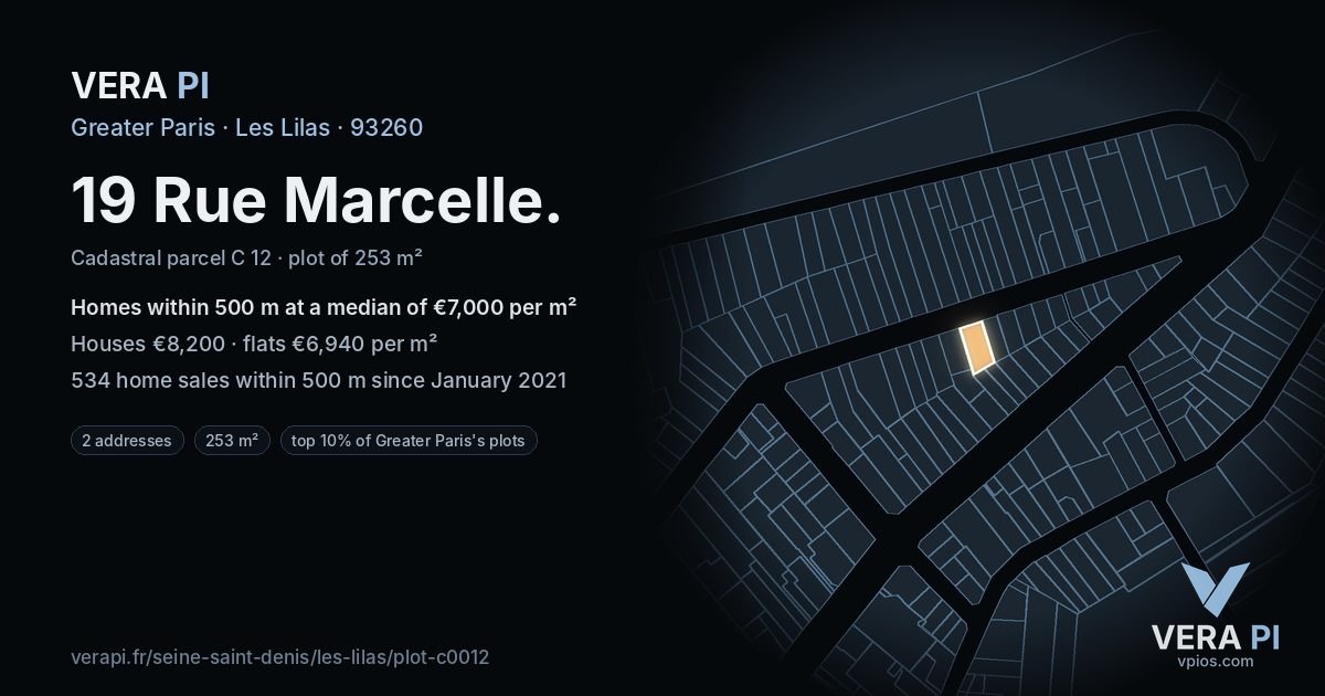 19 Rue Marcelle, Les Lilas at night – the plot lit, the parcels around coloured by the prices near them