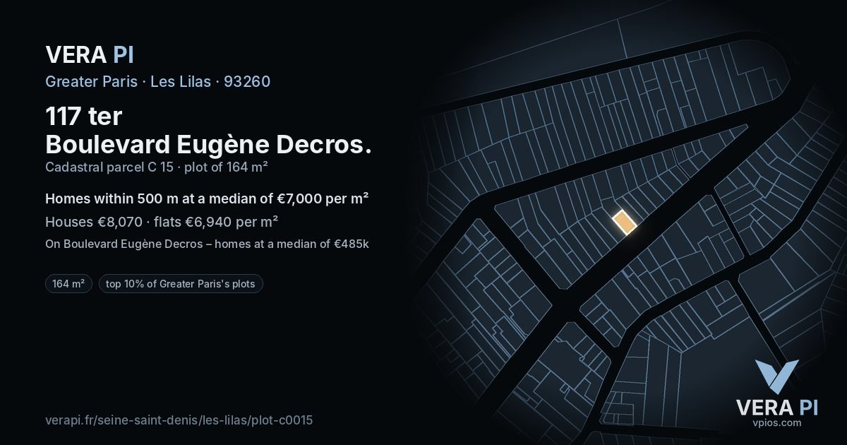117 ter Boulevard Eugène Decros, Les Lilas at night – the plot lit, the parcels around coloured by the prices near them
