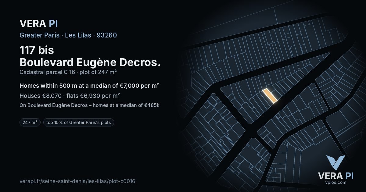 117 bis Boulevard Eugène Decros, Les Lilas at night – the plot lit, the parcels around coloured by the prices near them