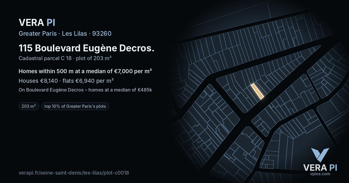 115 Boulevard Eugène Decros, Les Lilas at night – the plot lit, the parcels around coloured by the prices near them