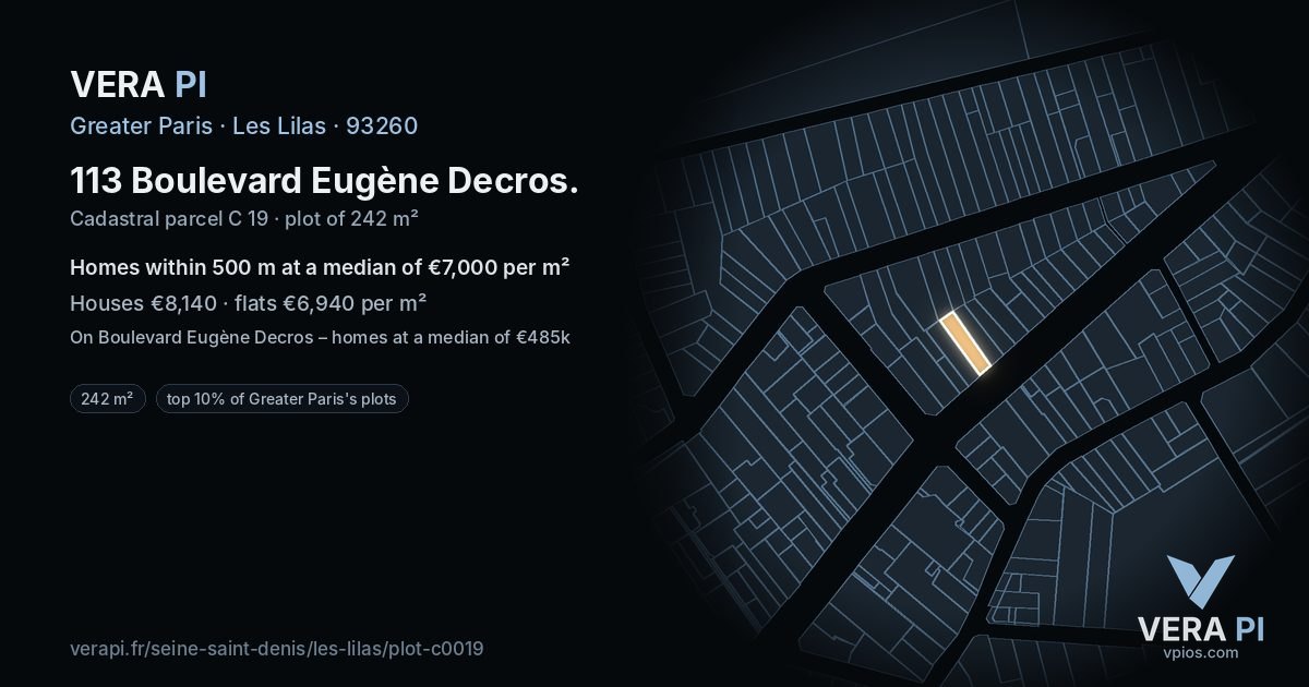 113 Boulevard Eugène Decros, Les Lilas at night – the plot lit, the parcels around coloured by the prices near them