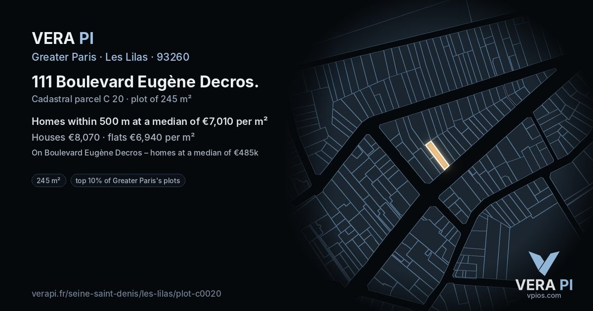 111 Boulevard Eugène Decros, Les Lilas at night – the plot lit, the parcels around coloured by the prices near them