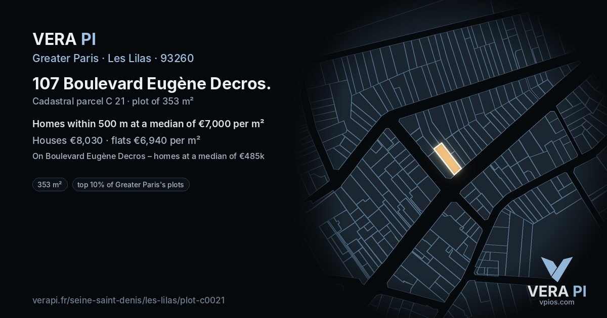 107 Boulevard Eugène Decros, Les Lilas at night – the plot lit, the parcels around coloured by the prices near them