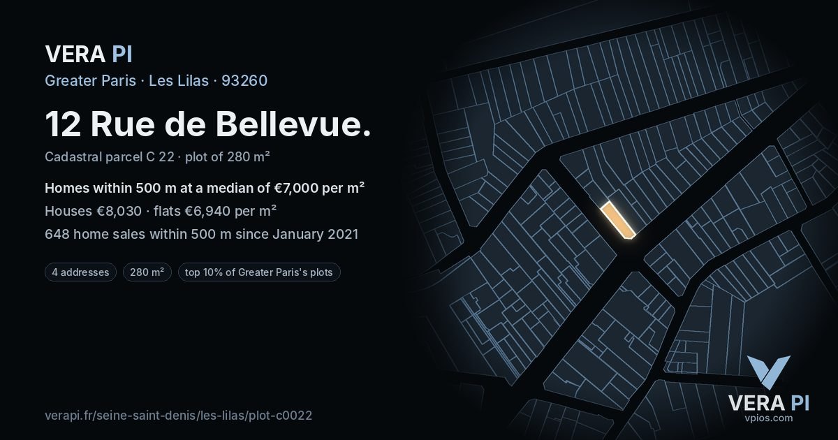 12 Rue de Bellevue, Les Lilas at night – the plot lit, the parcels around coloured by the prices near them