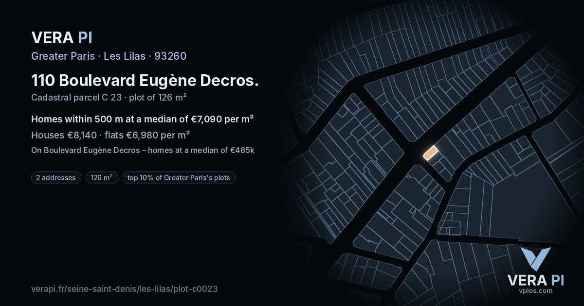 110 Boulevard Eugène Decros, Les Lilas at night – the plot lit, the parcels around coloured by the prices near them