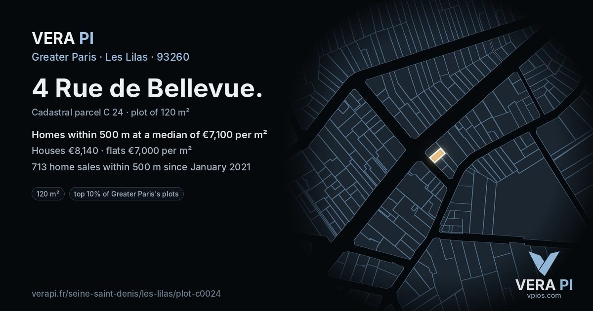 4 Rue de Bellevue, Les Lilas at night – the plot lit, the parcels around coloured by the prices near them