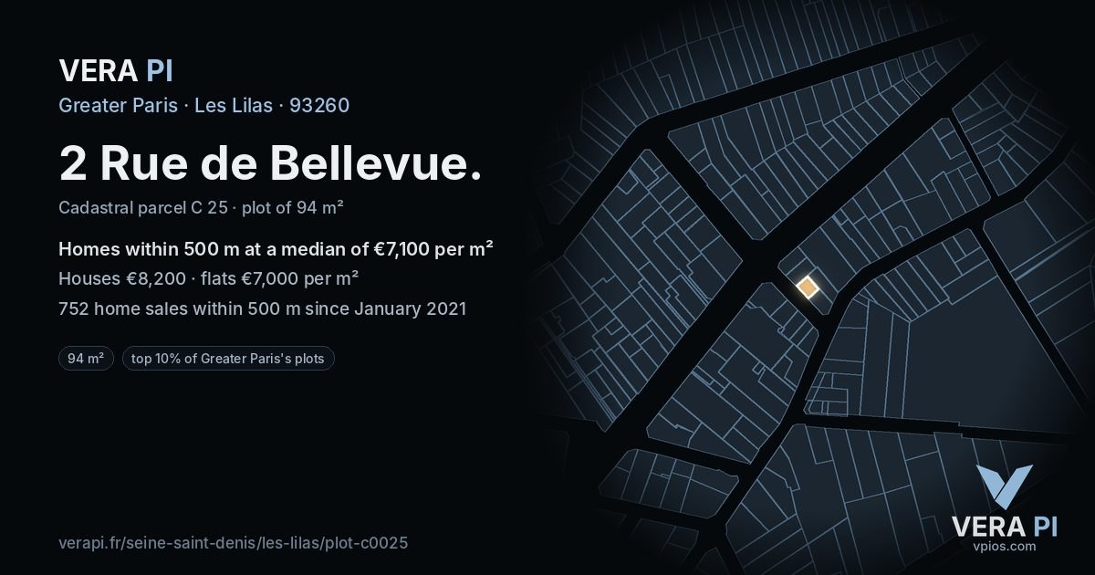 2 Rue de Bellevue, Les Lilas at night – the plot lit, the parcels around coloured by the prices near them
